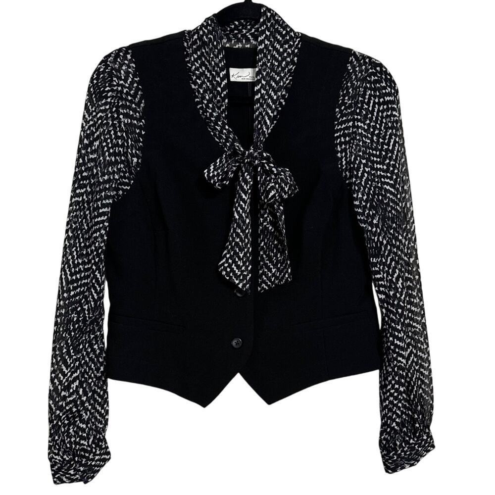 Kim Rogers Scarf Tie Vest Long Sleeve Top Black White Size 6P